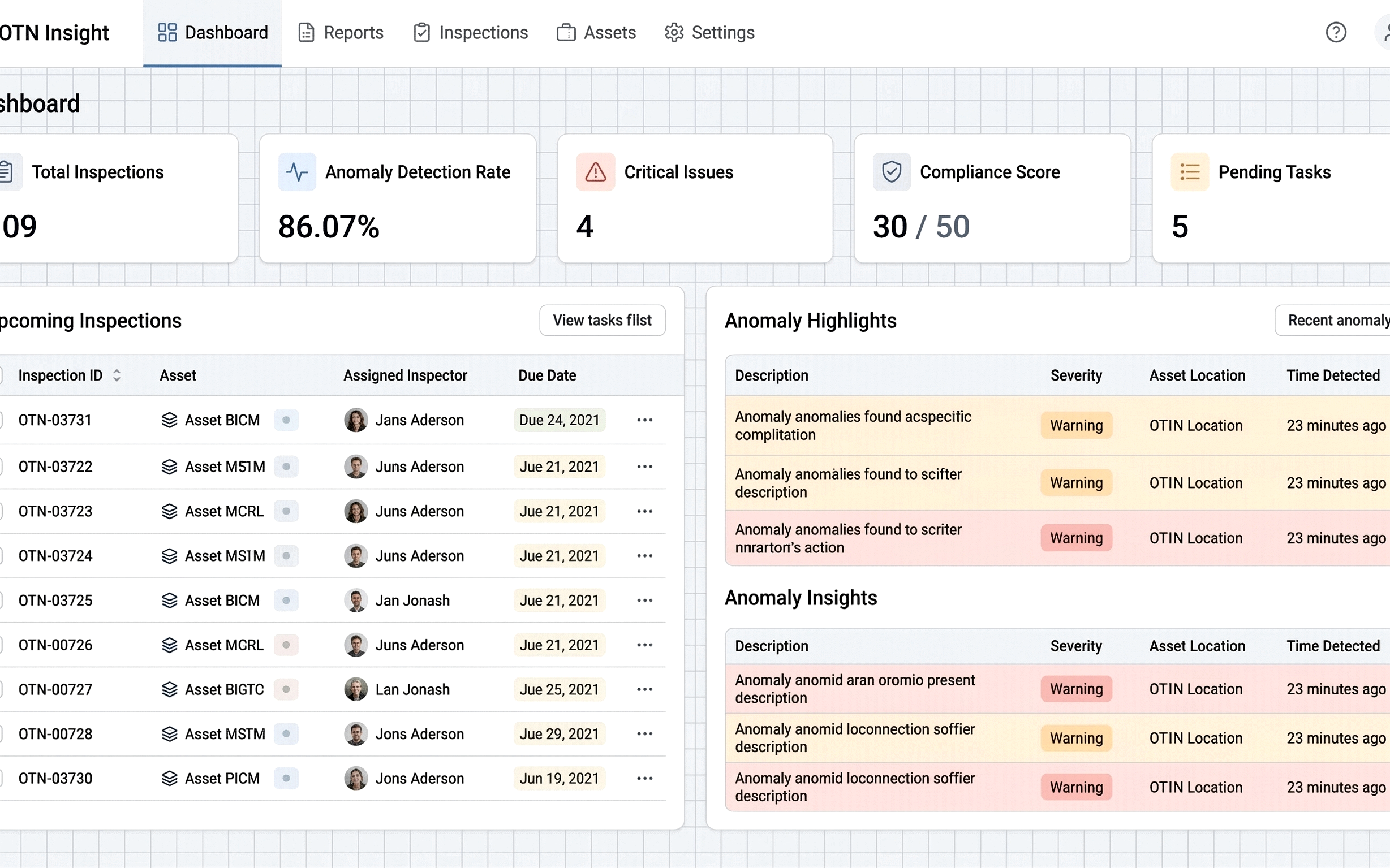 OTN inspection dashboard UI